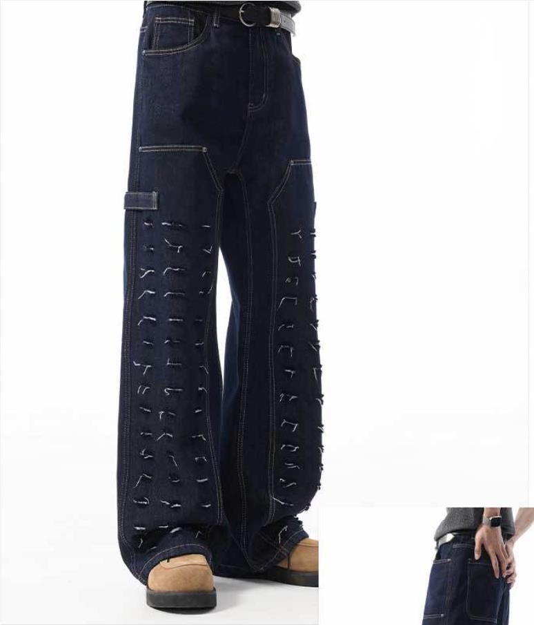 Men’s Dark Blue Denim Jeans Straight Leg Ripped Casual Punk Hip Hop Trousers New