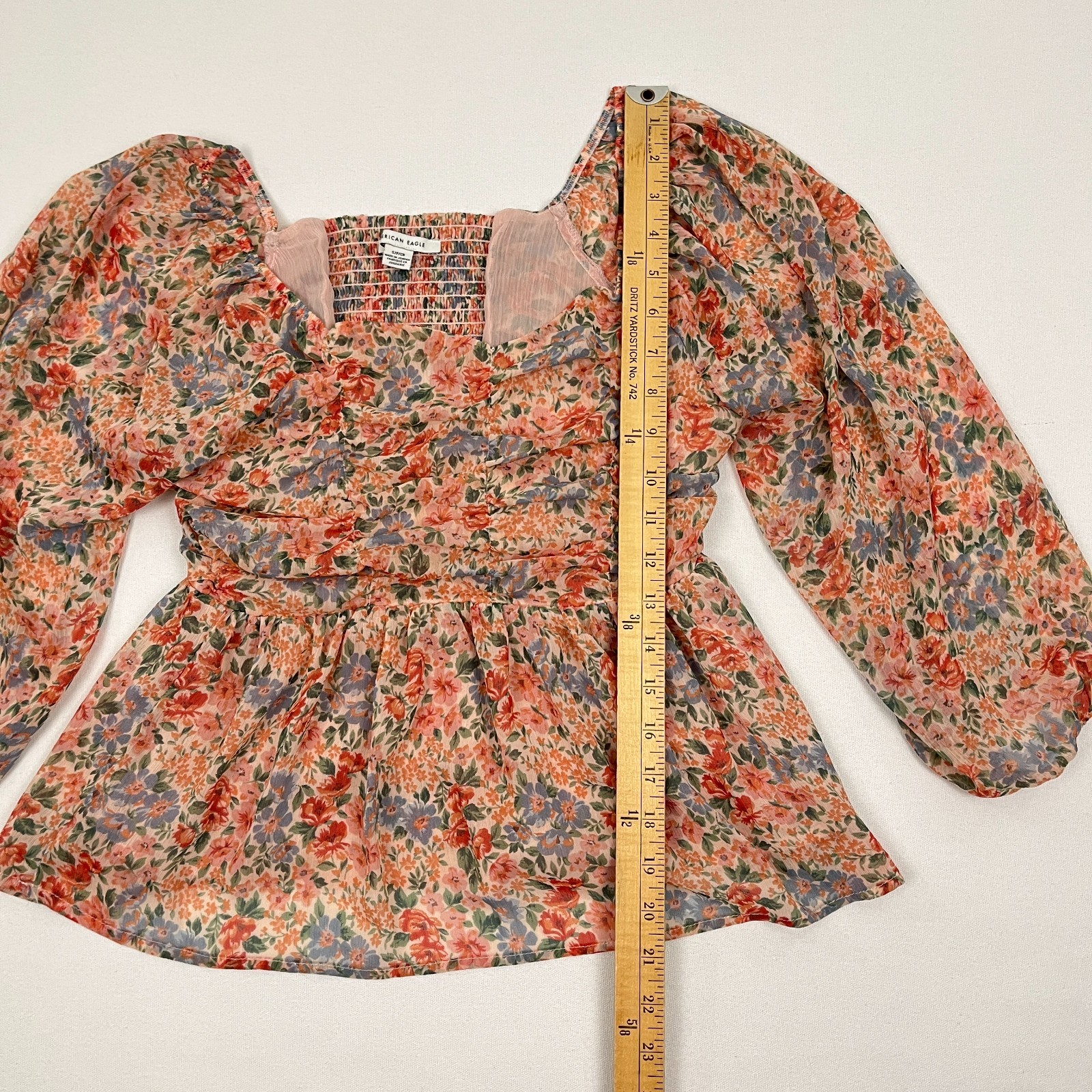 American Eagle Blouse Womens S Multi Floral Chiffon Ruched Babydoll Peasant Boho