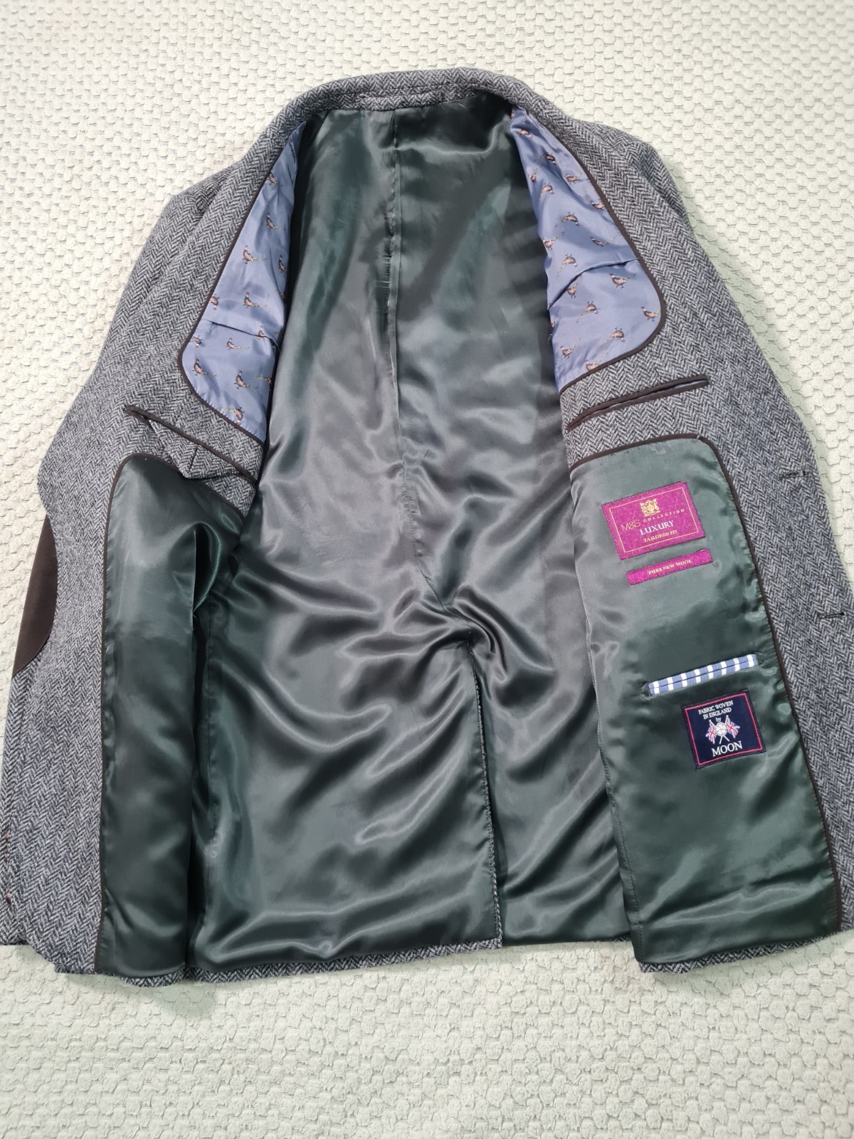 M&S Luxury Moon Tweed Blazer Jacket Grey Herringbone Wool Elbow Patches 42R