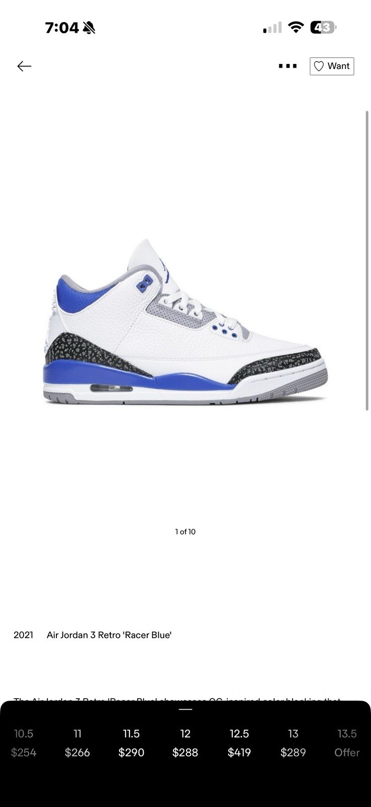 Jordan Air Jordan 3 Retro Racer Blue not original lace, no box Size 12