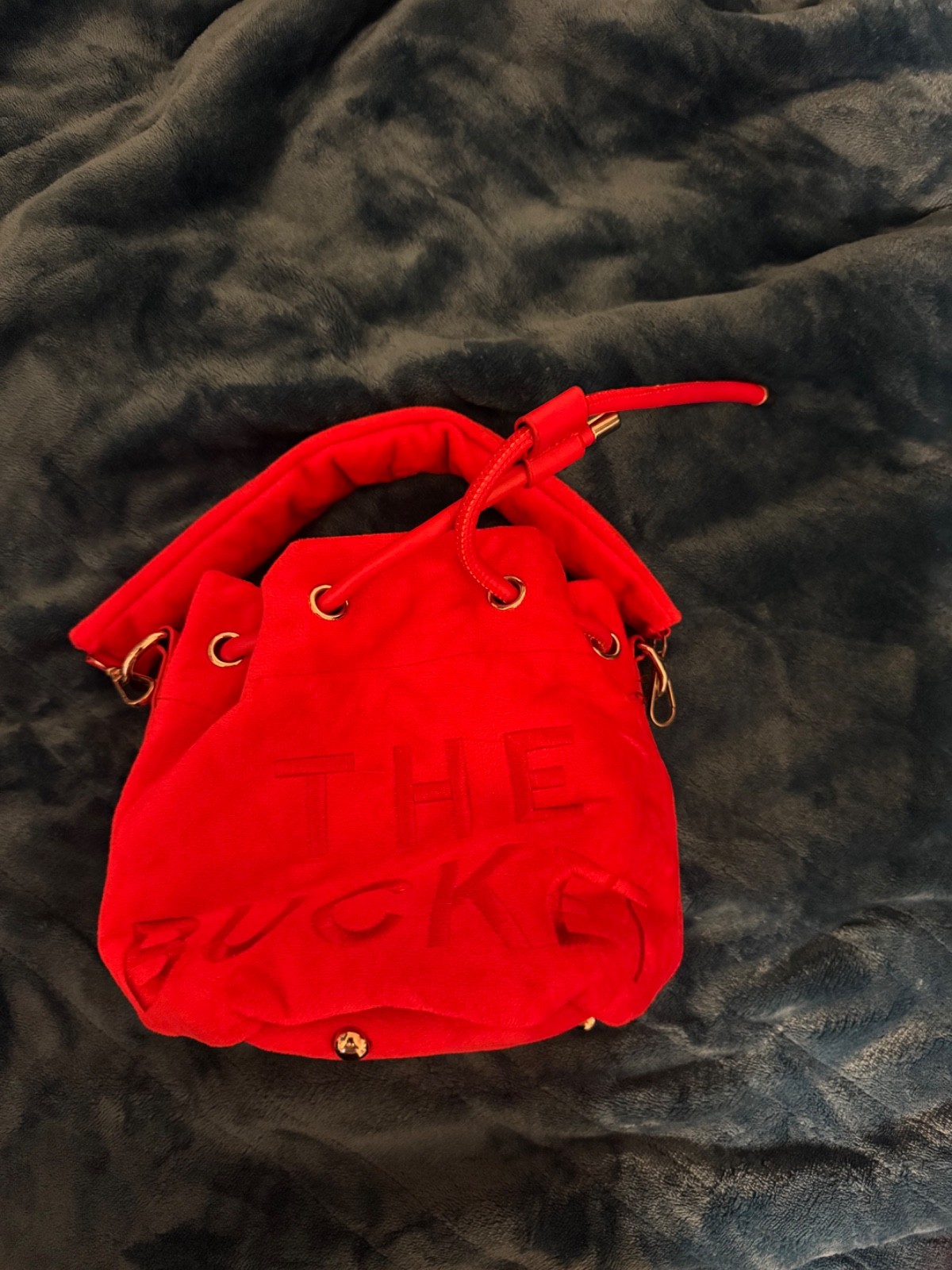small red tote bag that reads the bucket