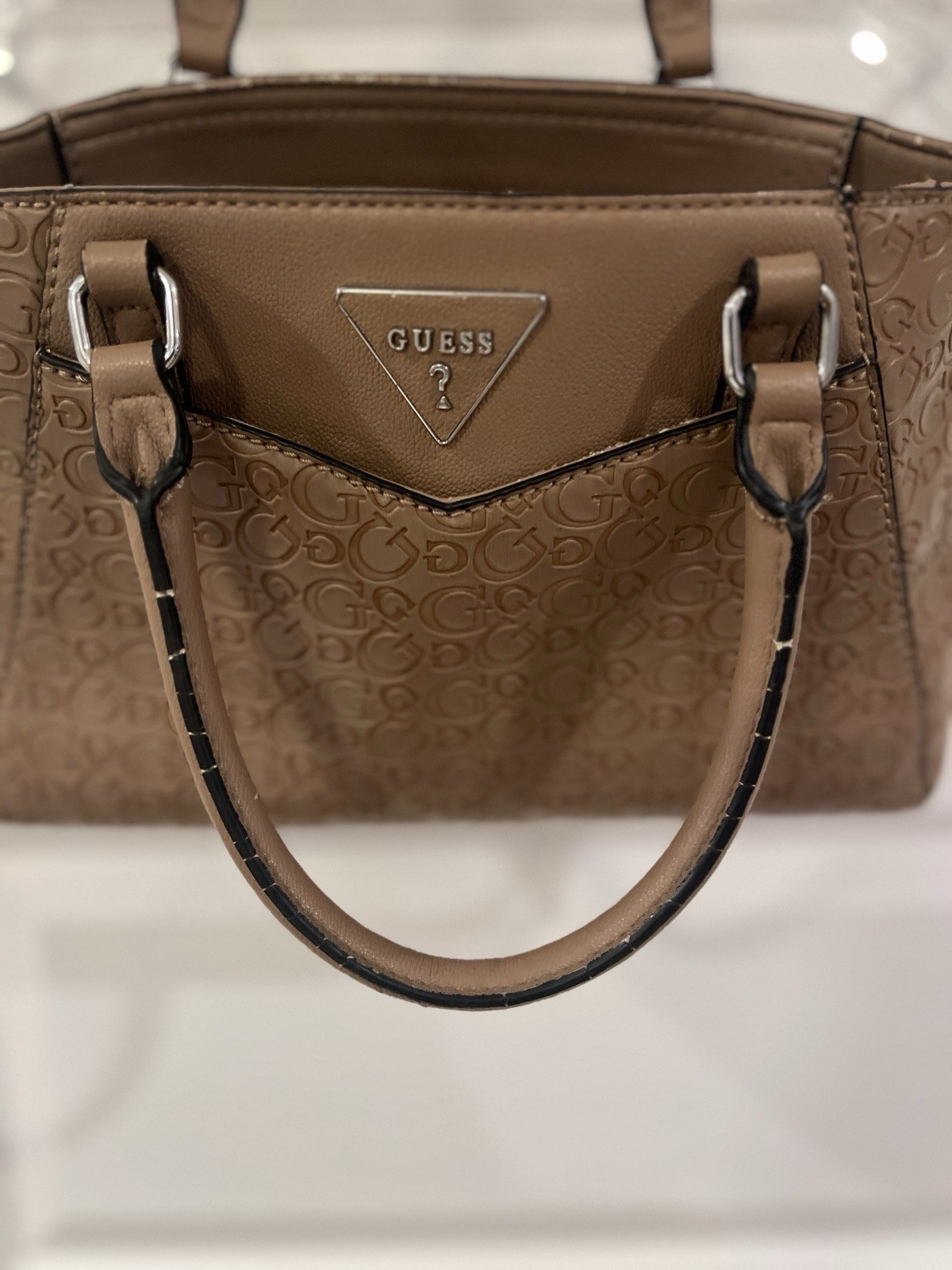 GUESS Brown Logo Satchel Top Handle Bag Double Handles Zip Closure Silver HW