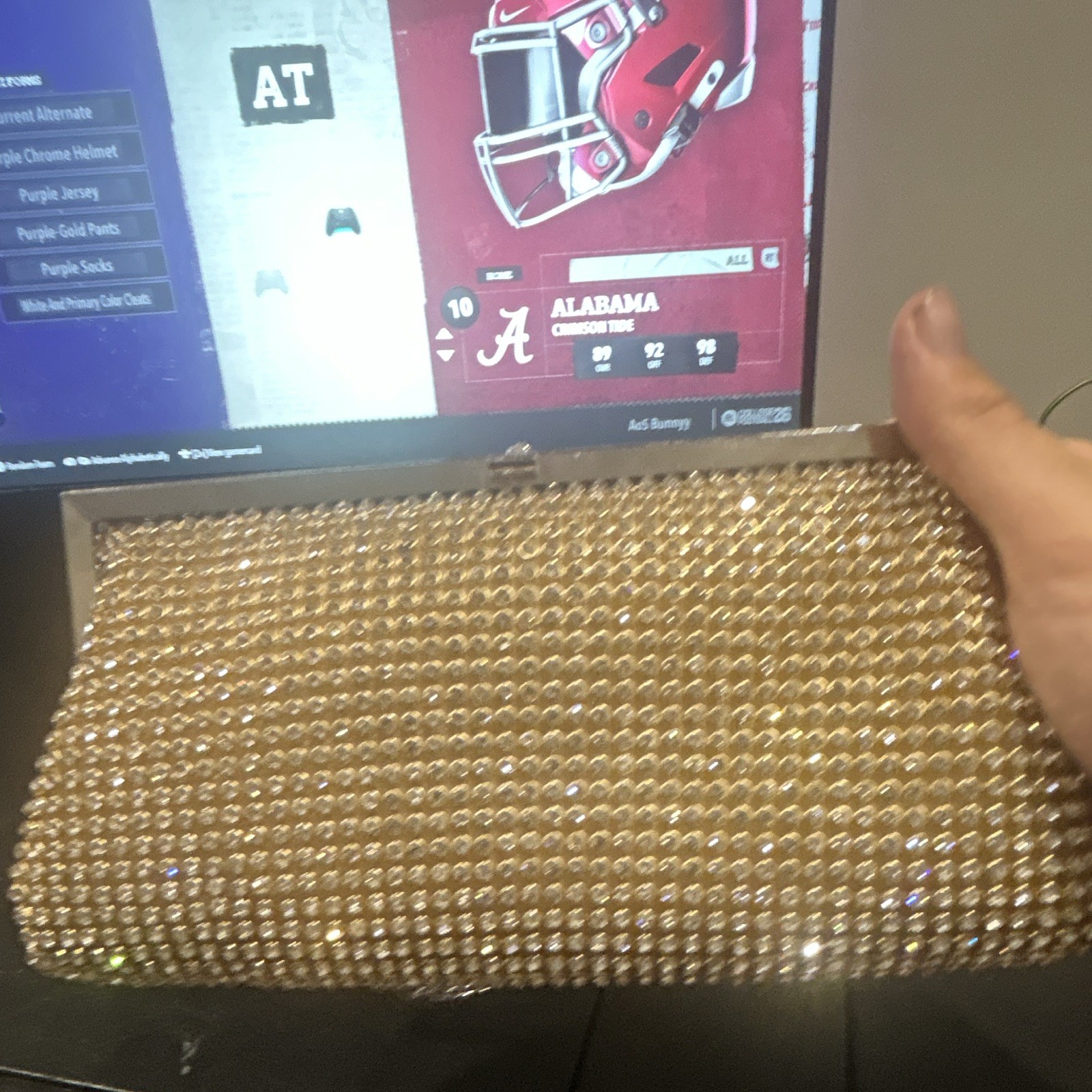 Women’s Gold Rhinestone Crystal Clutch Clasp, Silver Hardware Chain Strap, Small