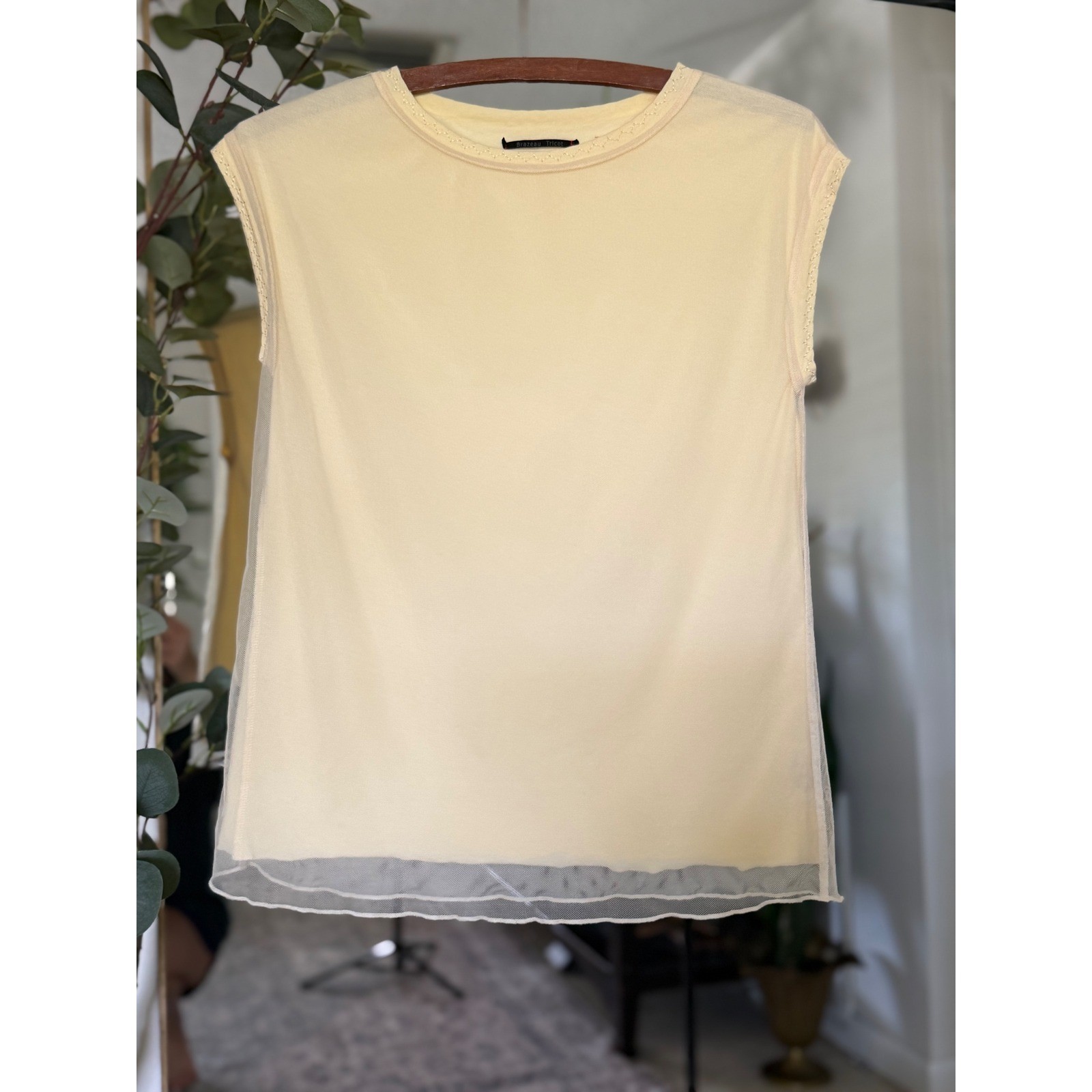 Brazeau Tricot Womens Pale Yellow Tulle Overlay Sleeveless Top Cotton Mesh
