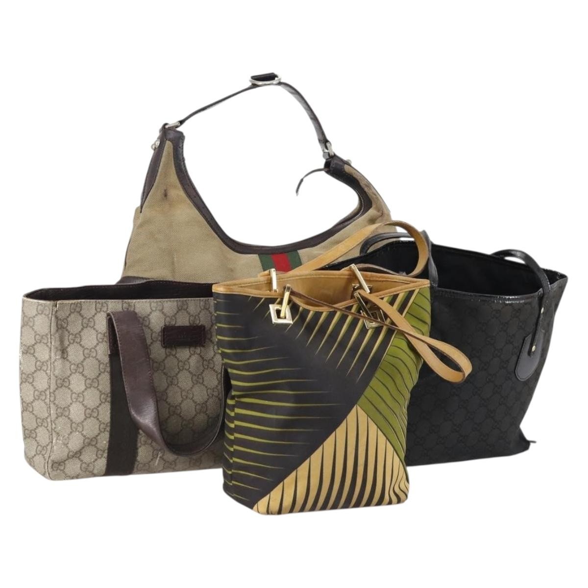 GUCCI Hand Bag Canvas nylon 4 Set Beige Black Green Auth bs30536