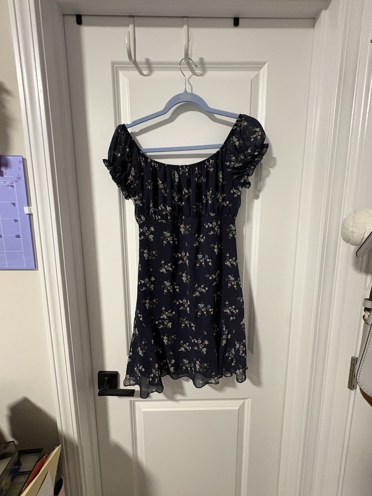 Altar’d State Navy Floral Off-Shoulder Ruffle Chiffon A-Line Dress Women S