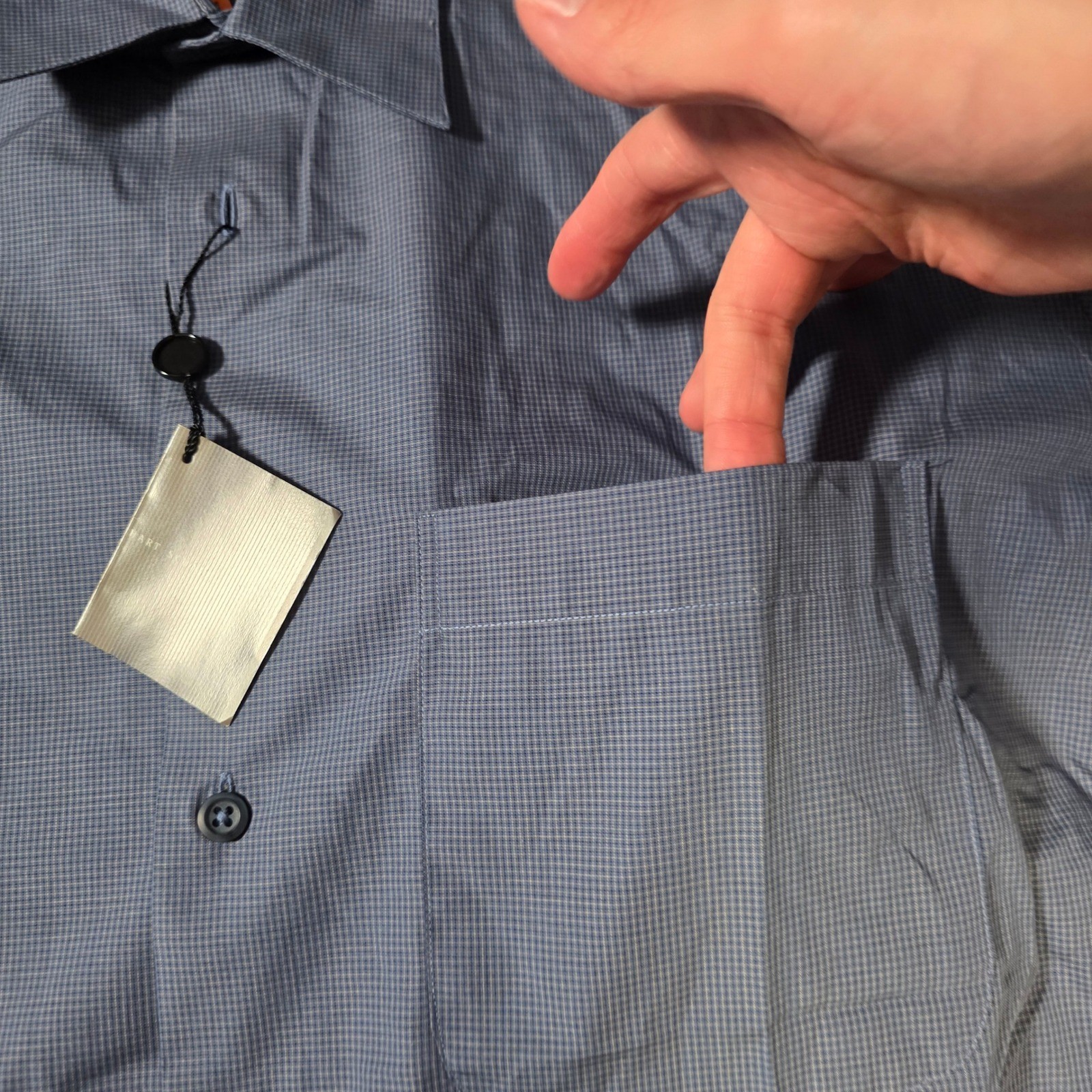 Hart Schaffner Marx Mens Large Dress Shirt Blue Micro Check Made in Italy NWT