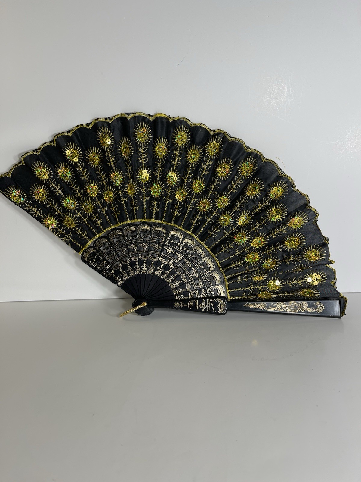 Black and Gold Victorian Style Fabric Plastic Hand Fan Cocktail Accessory
