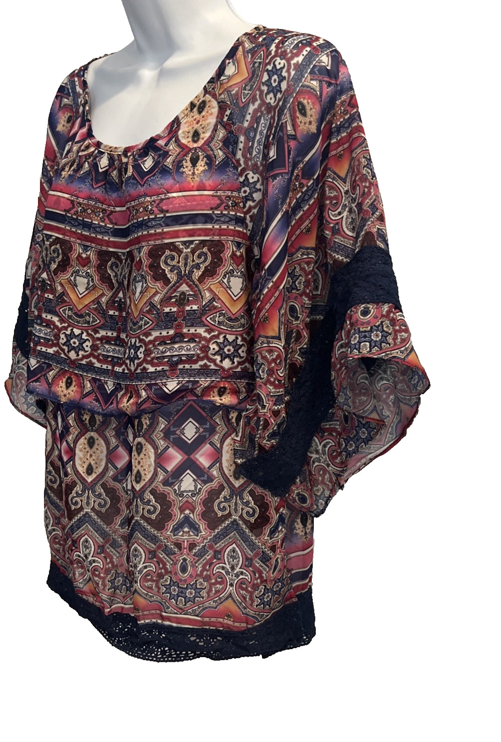 James Bryan Boho Paisley Print Kimono Top Size S Split Sleeve Blouse Lace Trim