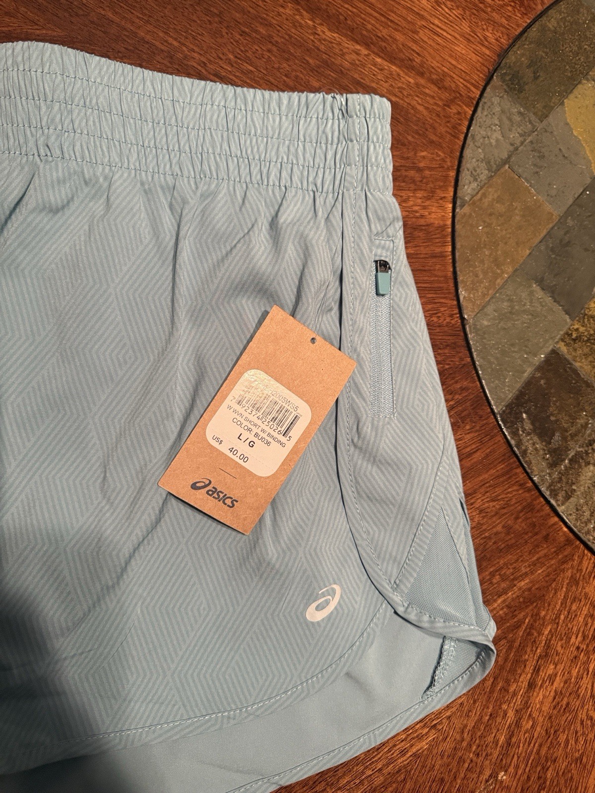 ASICS Women’s Blue Geometric Lined Running Shorts Pockets Drawstring L