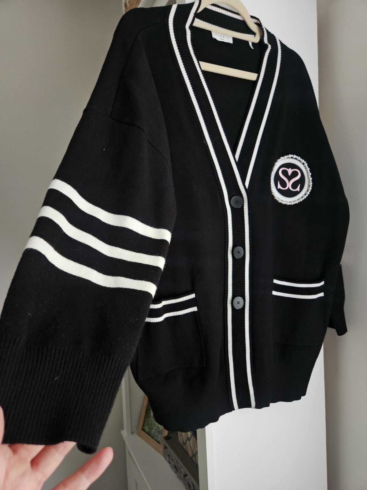 Sandro Paris Black/White Striped Knit Button V-Neck Cardigan Size M