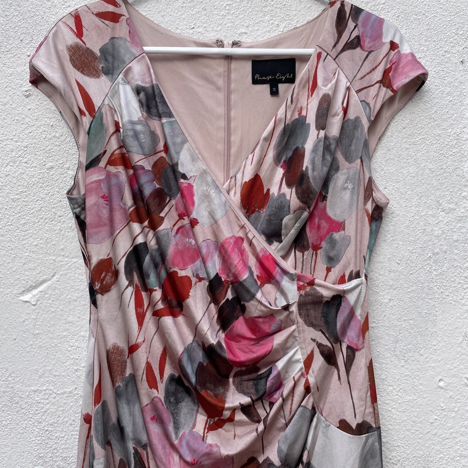Phase 8 Pencil Dress Womens 12 38” Pink Floral Tulips Short Sleeve Wedding Party