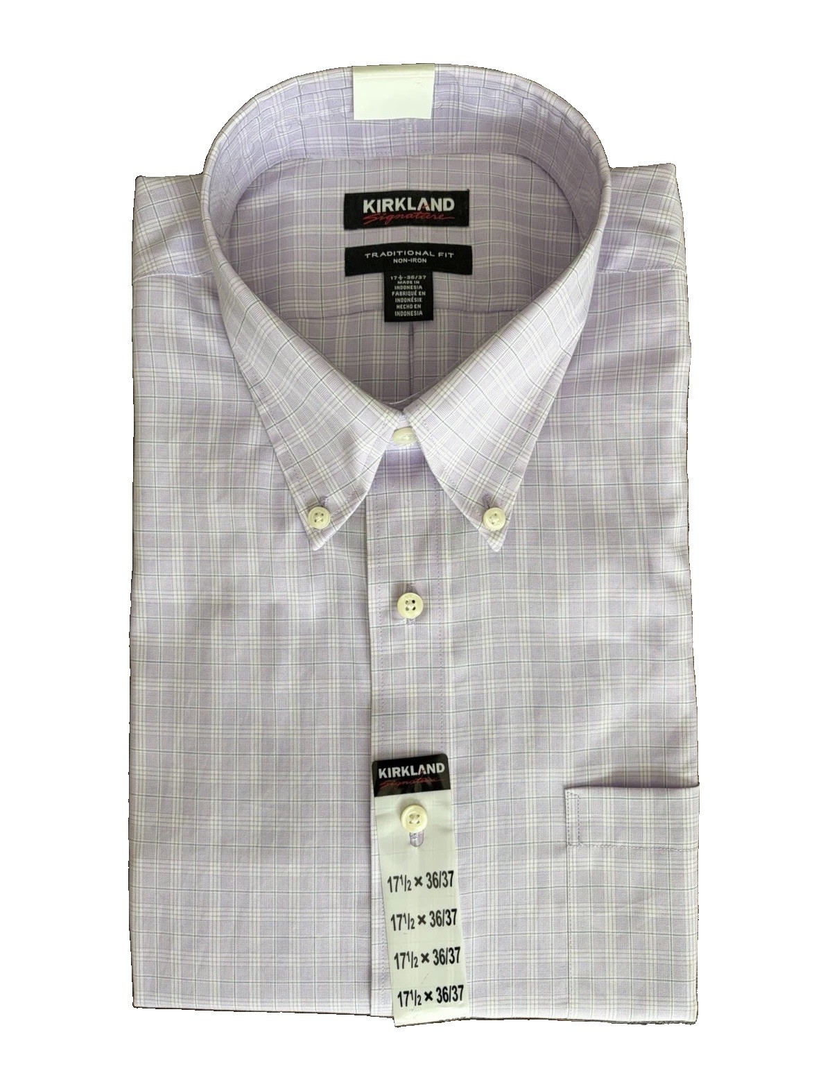 Kirkland Signature Traditional Fit Non-Iron Purple/White Plaid Shirt 17.5 36/37