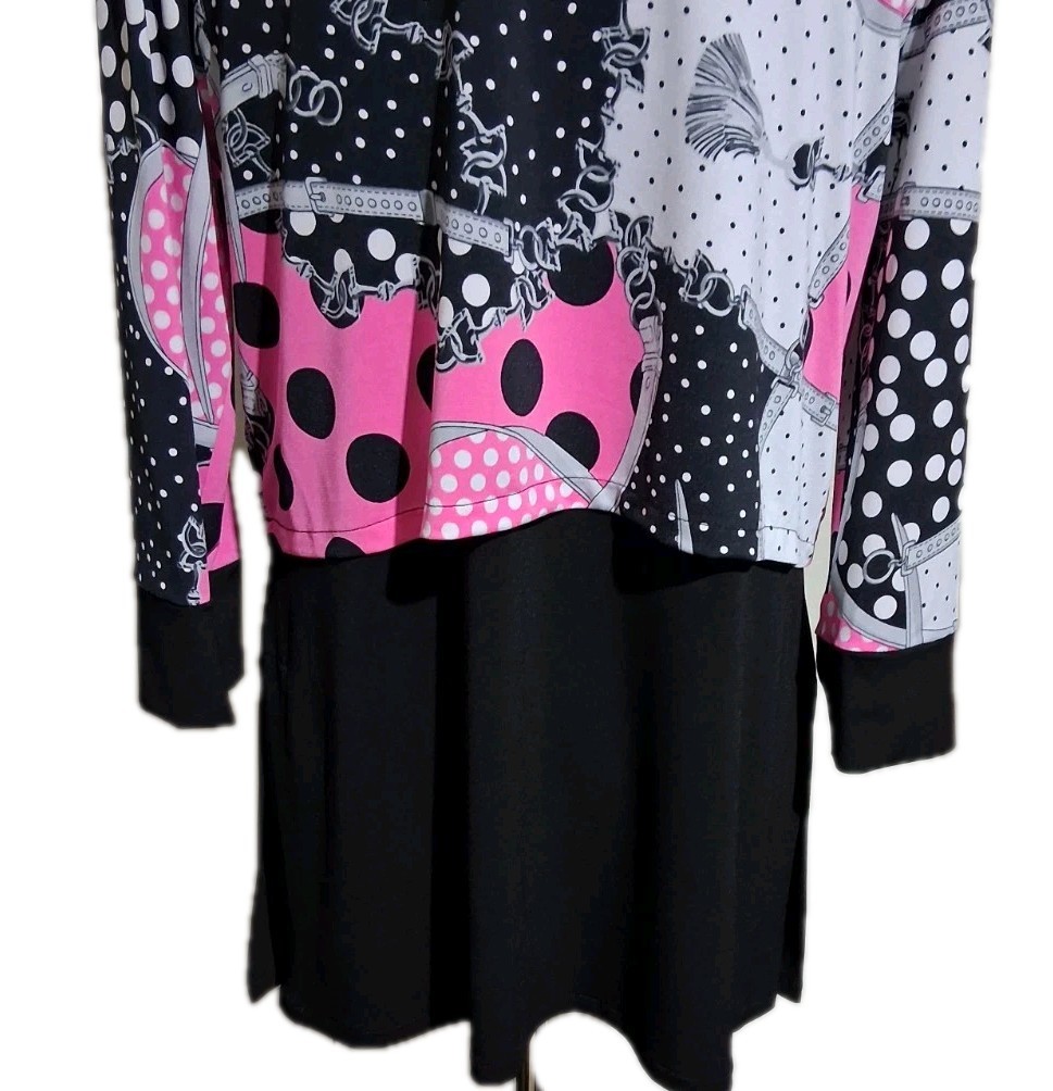 Nygard Layered Tunic Stretch Top Pink Black White Mixed Print 3/4 Sleeve Small