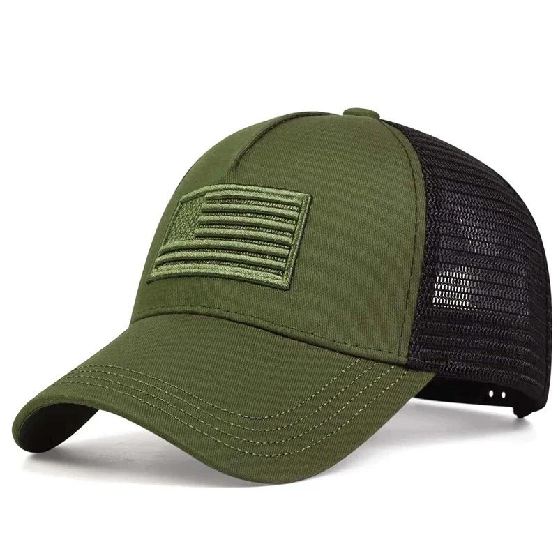 Army Green/Black American Flag Hat – Tactical Snap Back Trucker Baseball Cap