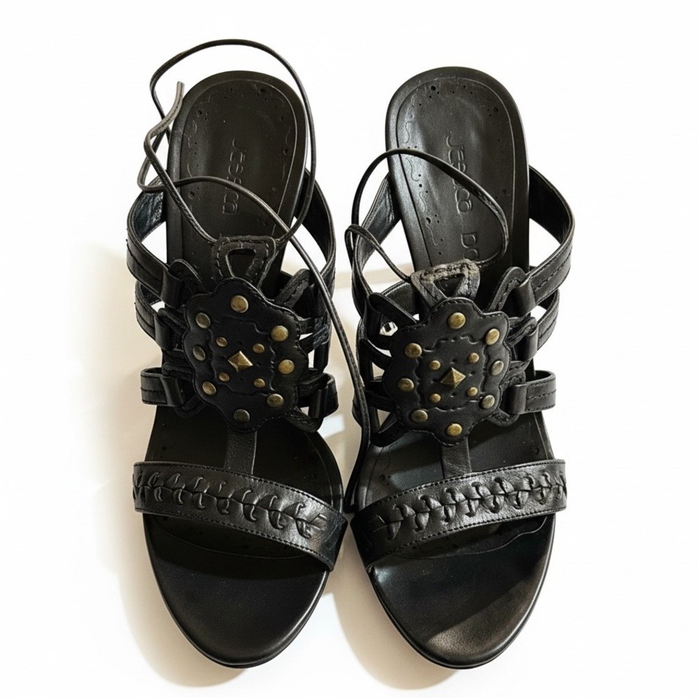 Jessica Bennett Black Leather Studded Lace-Up Heels – Worn Once Size 7.5