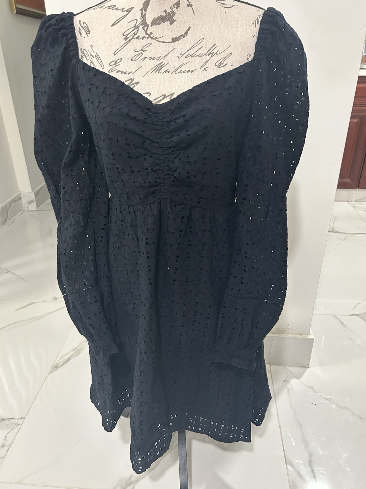 Chelsea28 Black Eyelet Sweetheart Puff Long Sleeve Mini Dress Lined S
