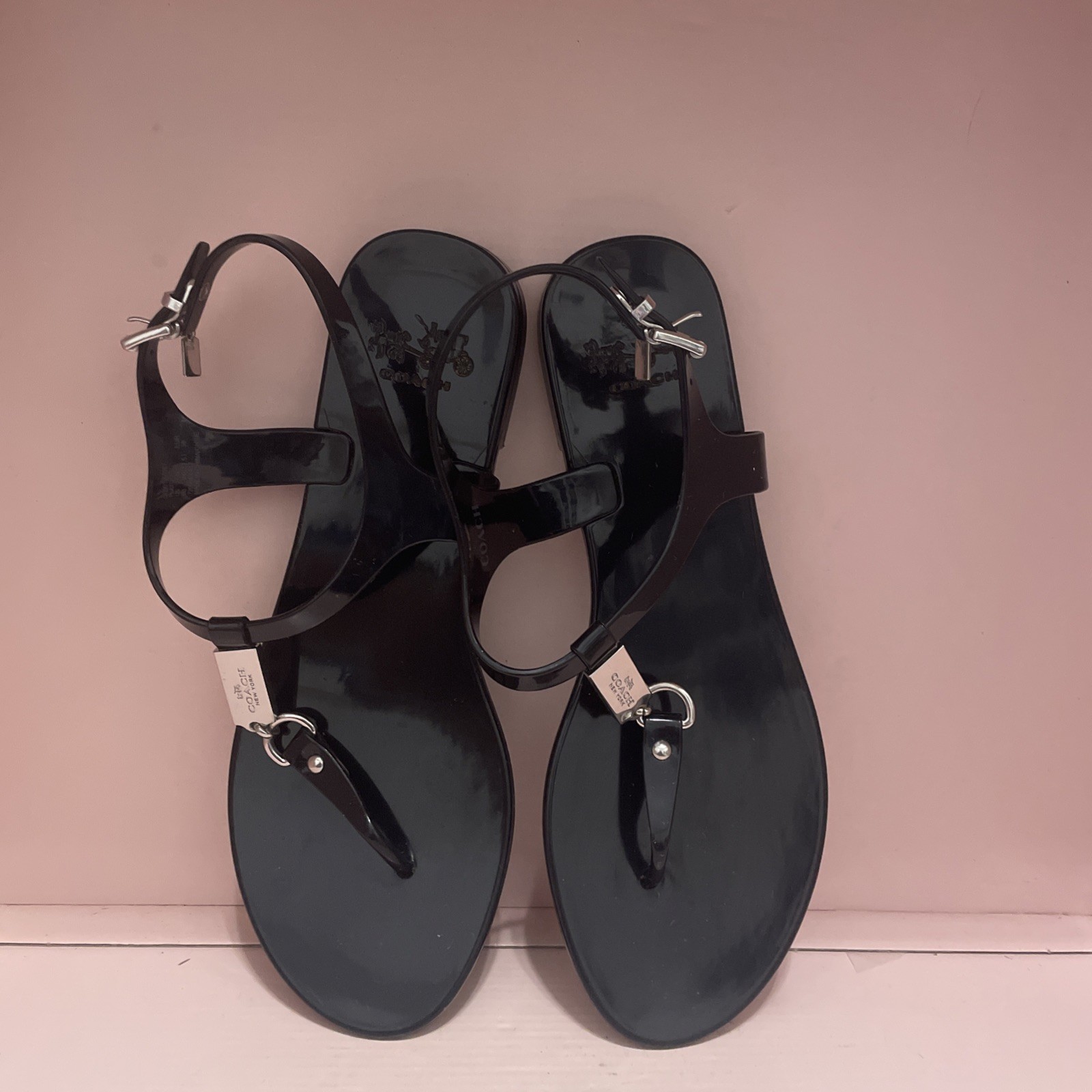 Coach Piccadilly Thong Jelly Sandals Black Logo Strappy Ankle Strap Buckle 8 B