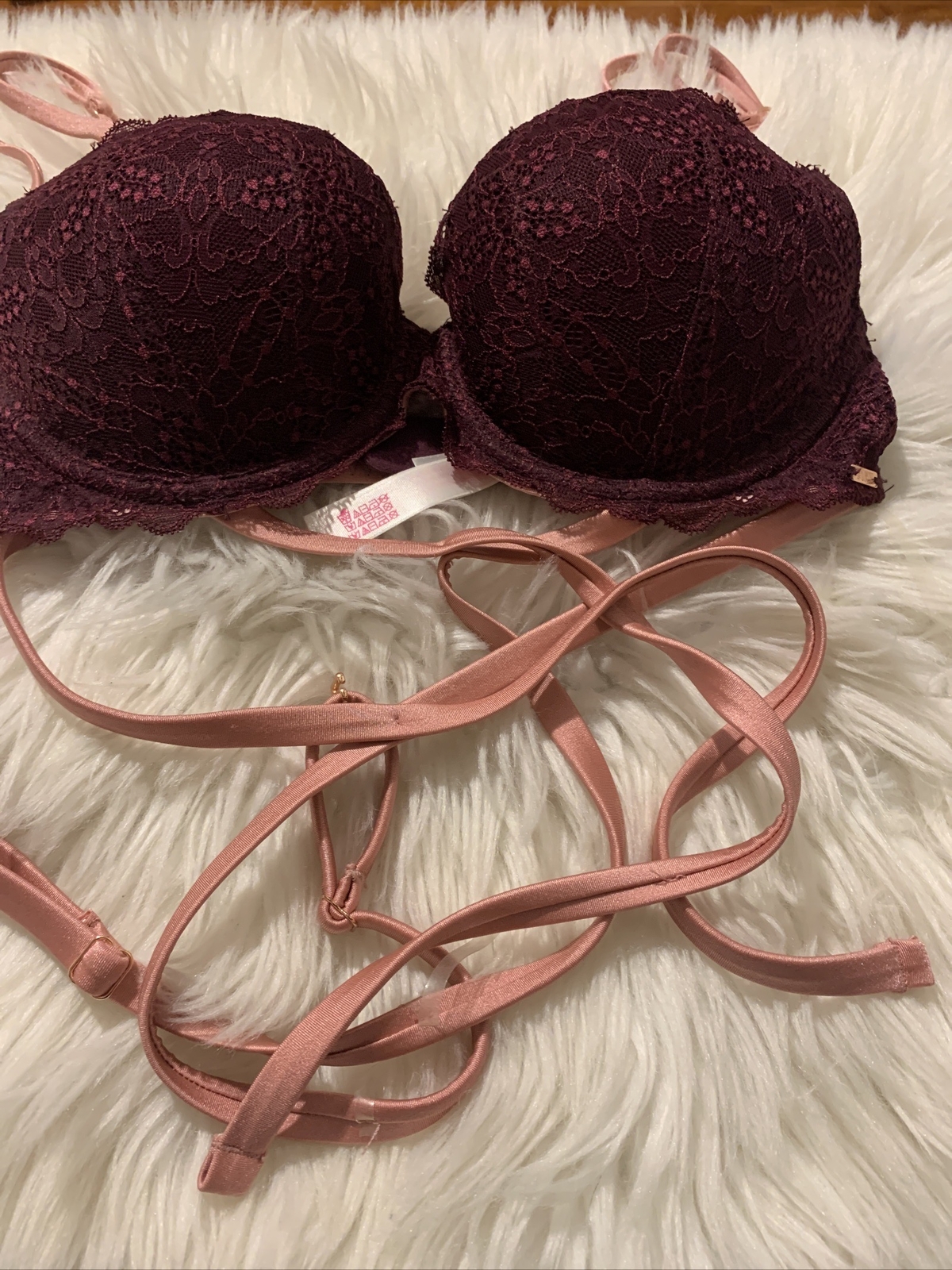 victoria’s secret pink Sexy Date Push Up 32D Burgundy Floral Pattern NWOT