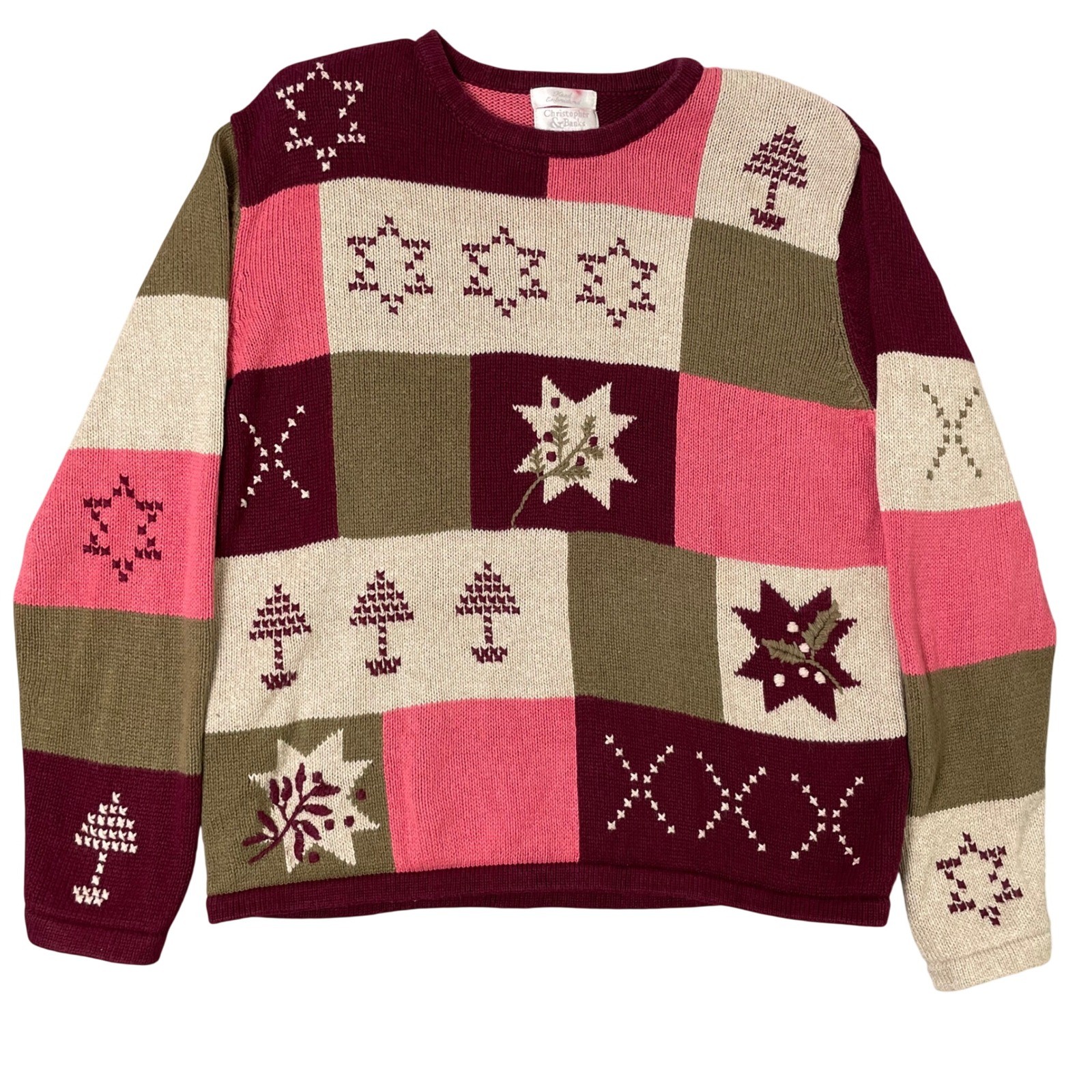 Vintage 2003 Christopher Banks Patchwork Sweater Cottagecore Folk Art Grandma