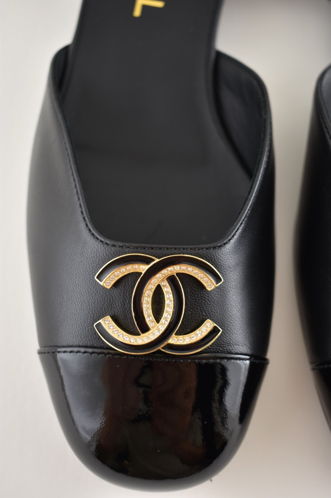 Chanel 25P Black Patent Gold CC Slingback Ankle Strap Ballerina Ballet Flat 37