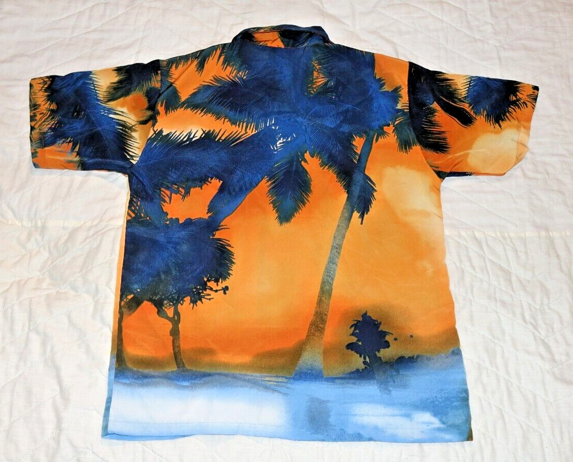 ODO Hawaiian Shirt Men’s Size L Large Loud Blue Orange Ocean Sunset Palm Trees