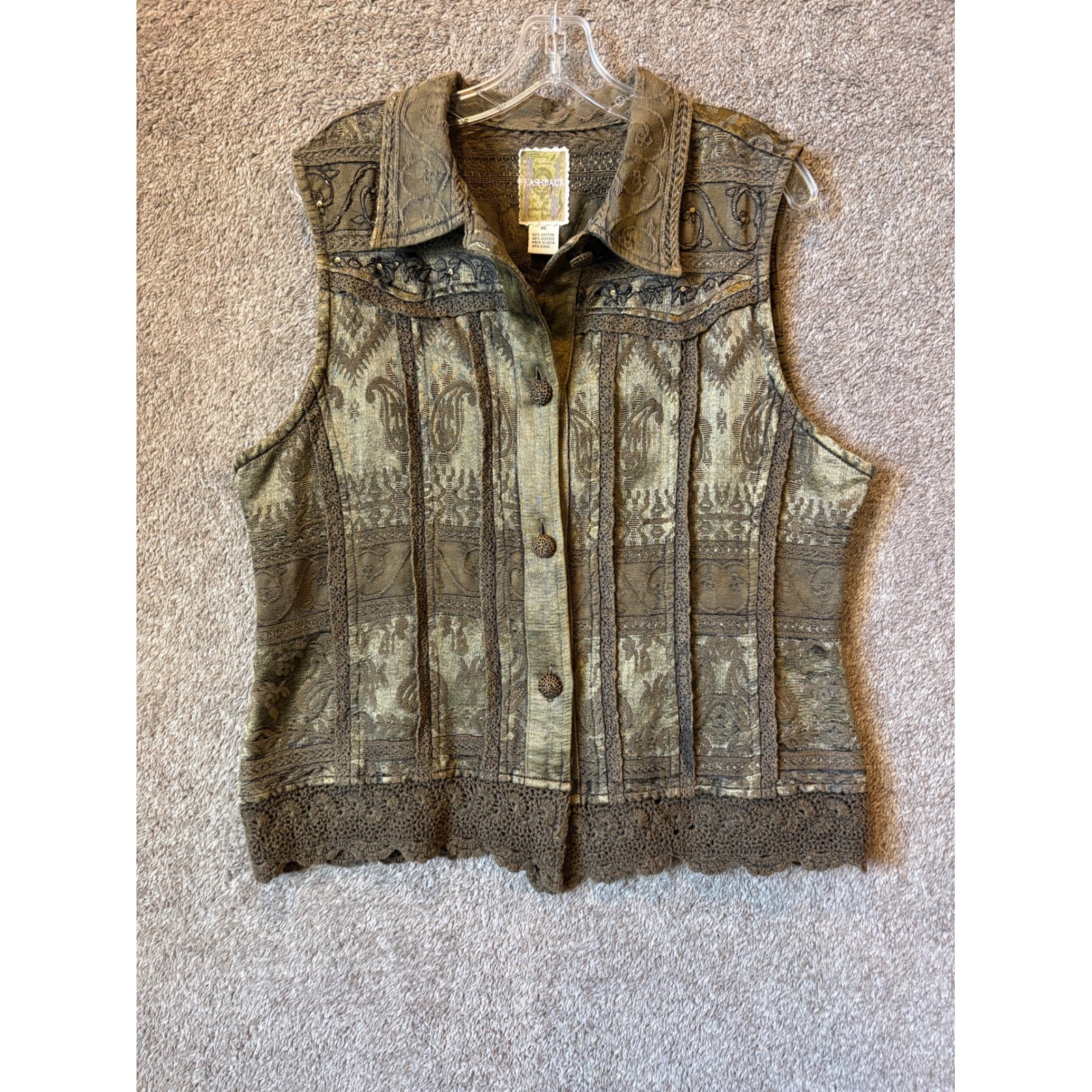 Flashback Womens Olive Green Paisley Tapestry Vest Crochet Lace Boho Button Up