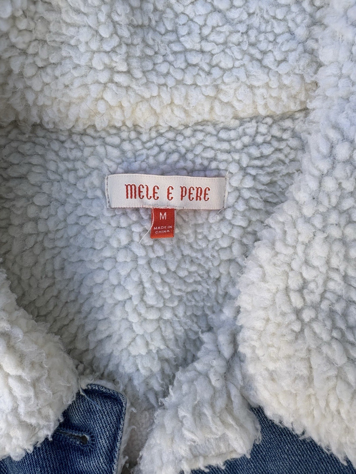 MELE E PERE Sherpa Collar Cropped Denim Jacket Blue Button Frayed Hem Pockets M