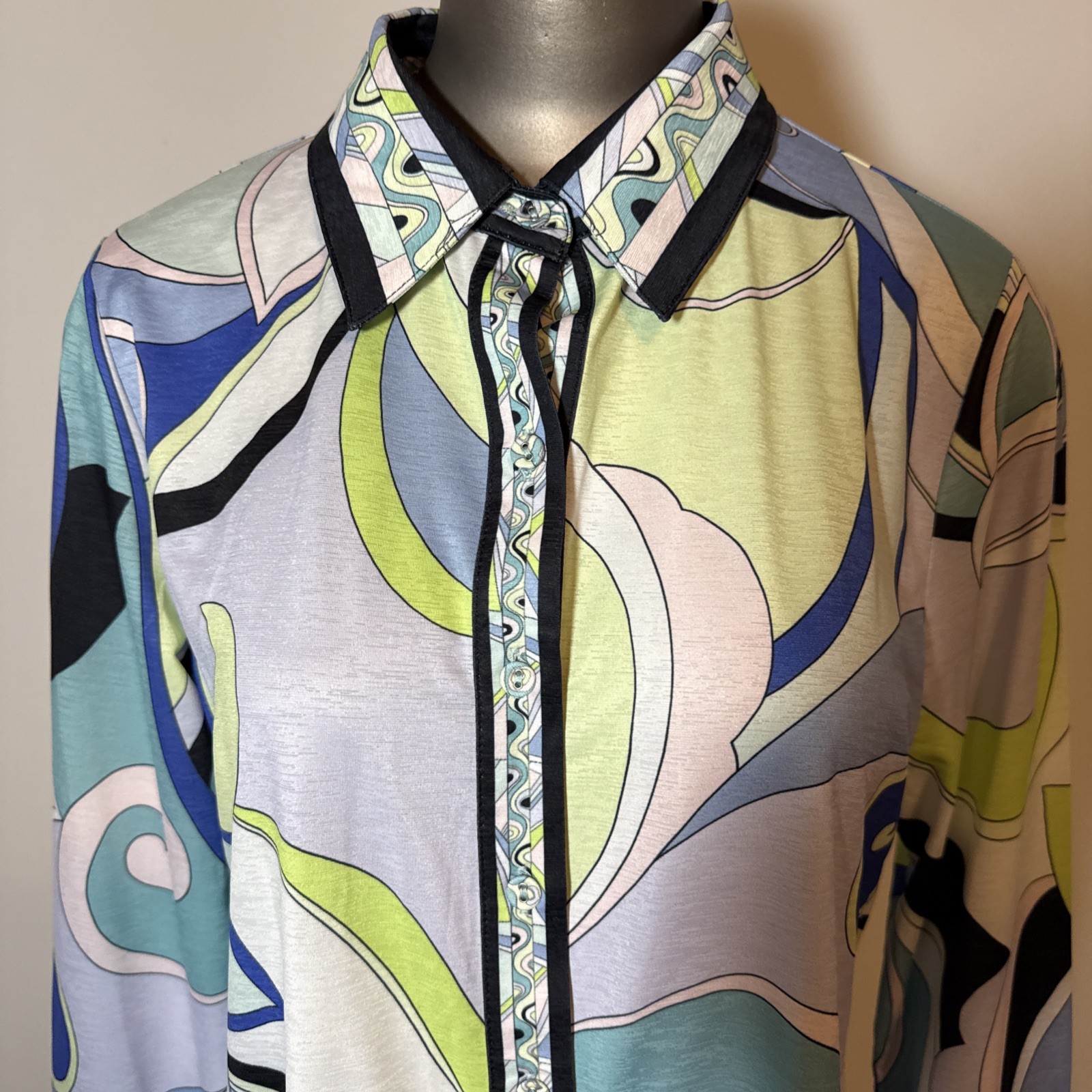 Jean Pierre Klifa Paris M Medium Floral Top Blue Green Stretch Tropical Resort