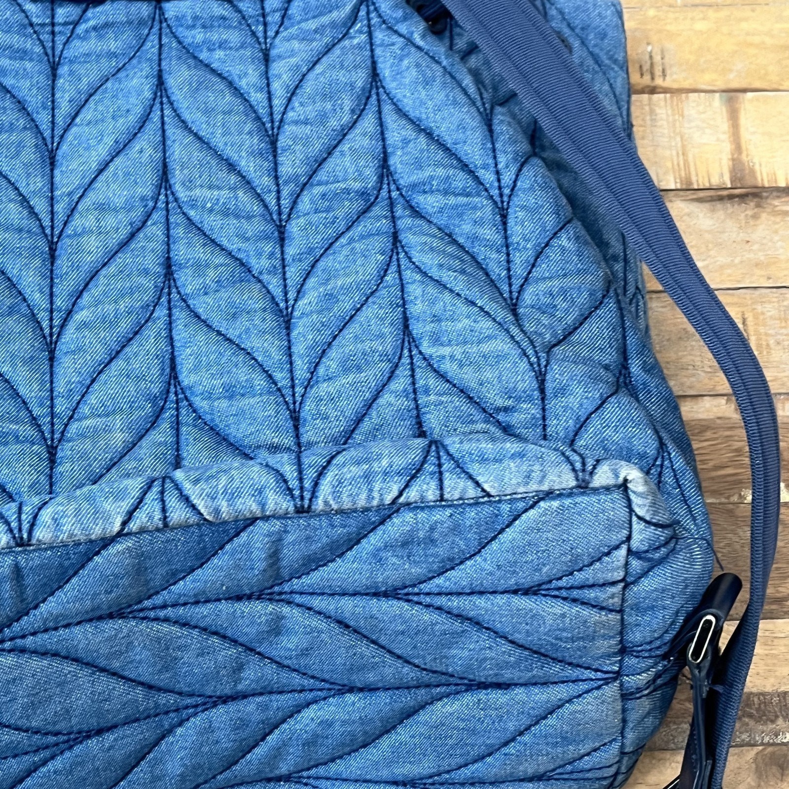 Kate Spade Ellie Large Flap Drawstring Backpack 13.5 in Tall Quilted Denim