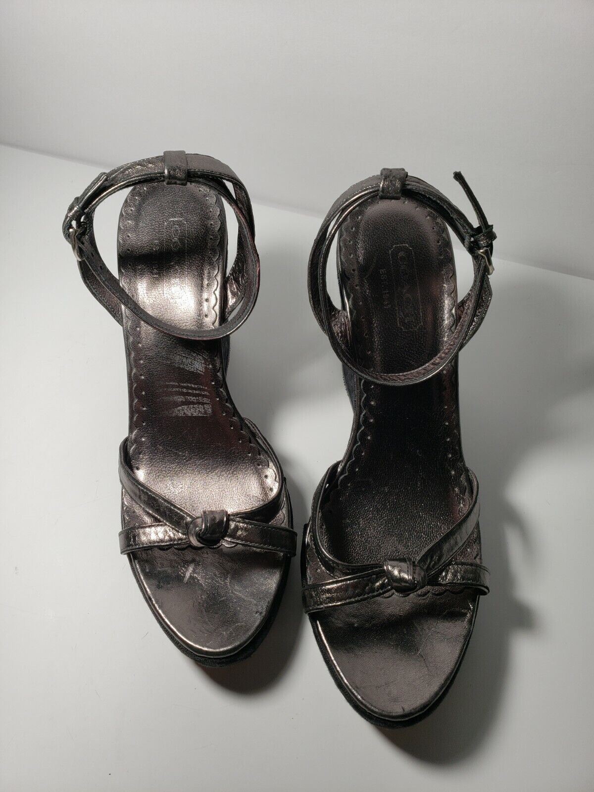 Coach Women’s Pewter/Black CC Monogram Ankle Strap Platform Wedge – Size 10B