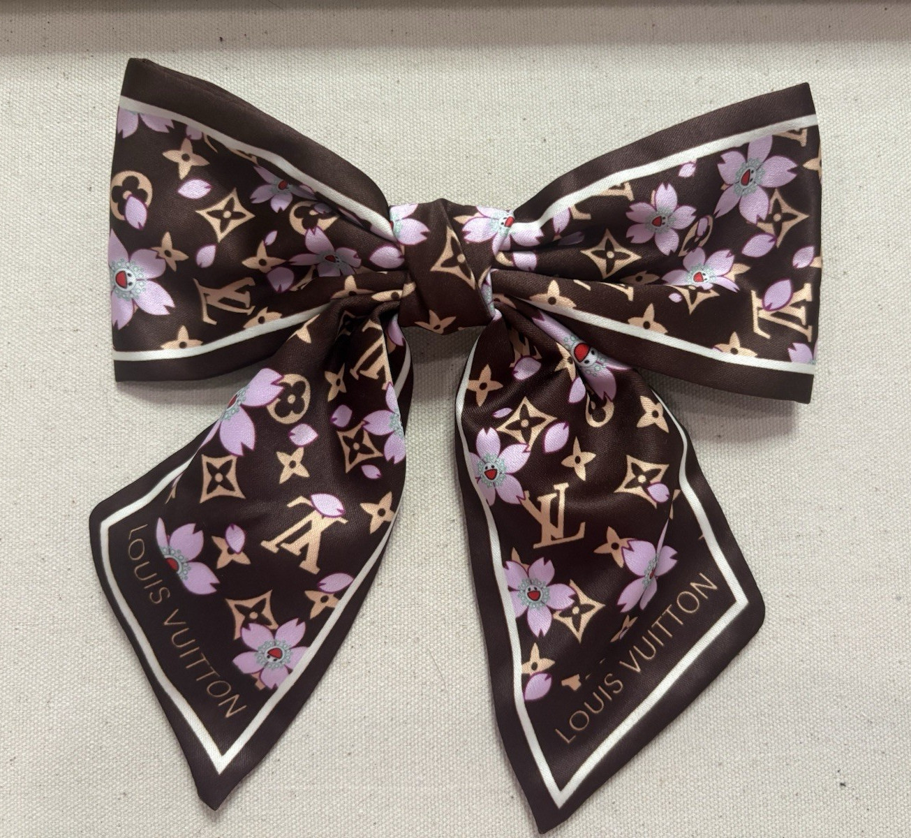 Louis Vuitton Women’s Brown/Beige/Purple Silk Floral Monogram Bow Ribbon