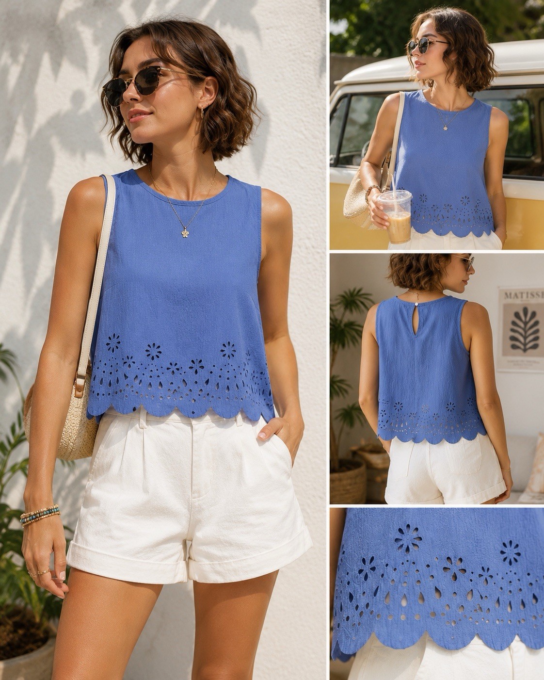 Periwinkle Blue Eyelet Scallop Hem Sleeveless Crop Top Women’s Size Medium