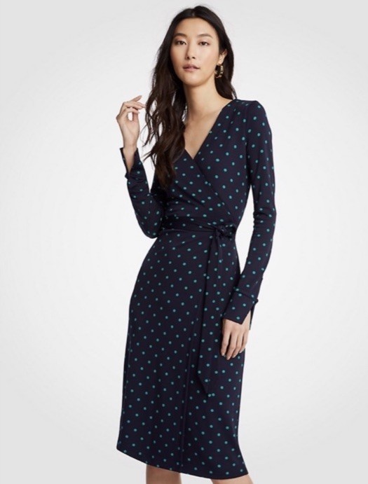 Ann Taylor Night Sky Dot Wrap Dress Size 4 Tall Navy Green Long Sleeve Stretch