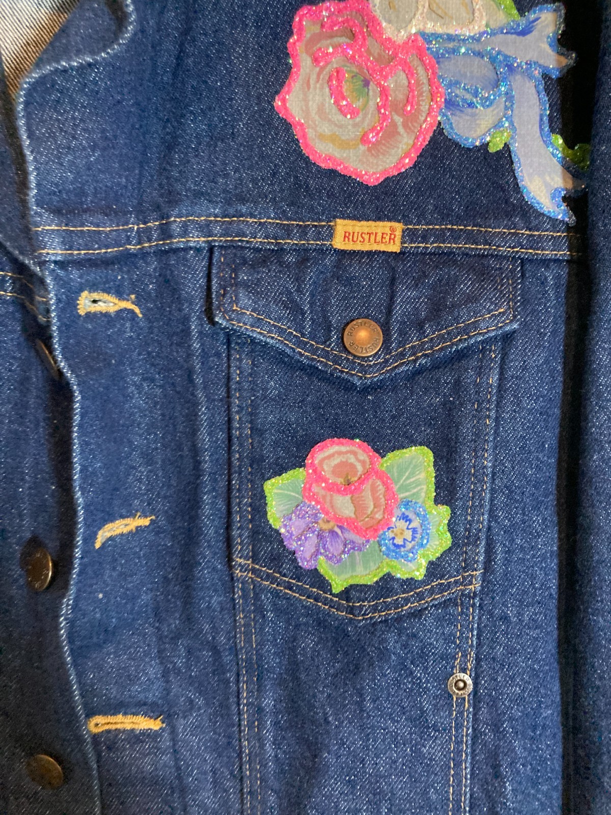 Vintage Rustler Jean Jacket Women Large Hand Painted Artsy Dark Wash 80’s Button