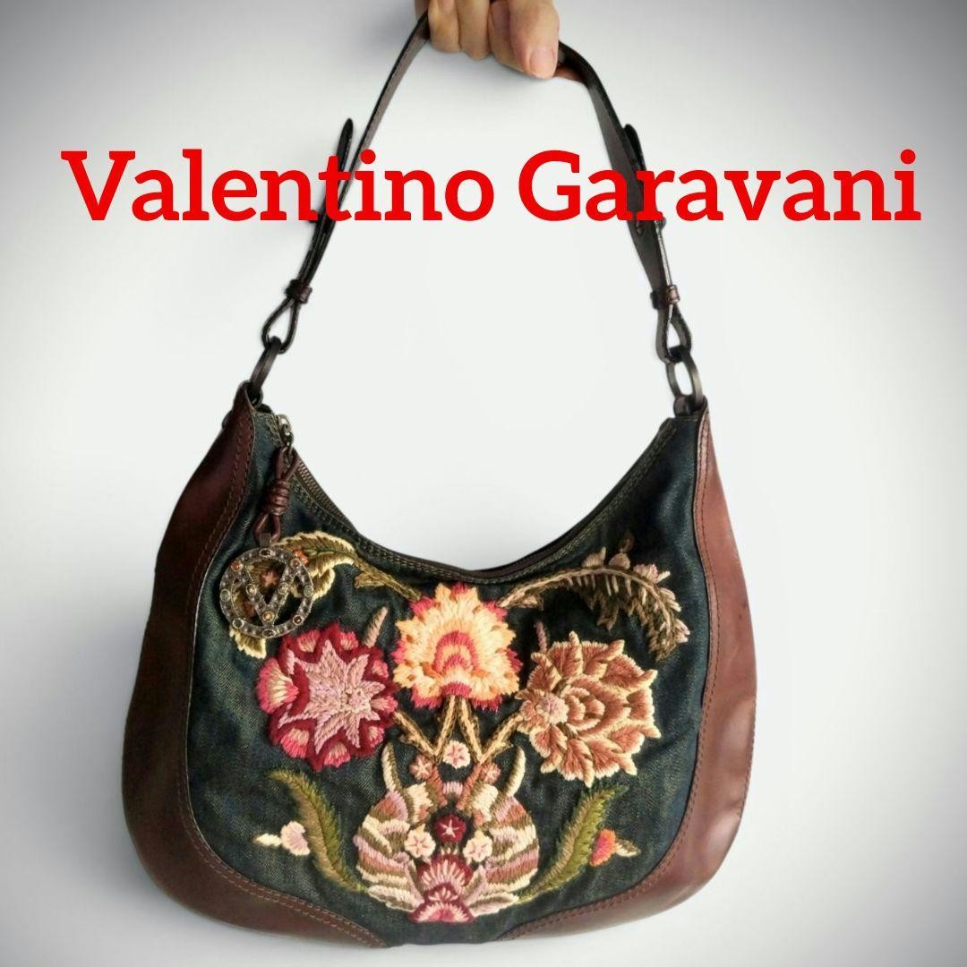 Valentino Women Bag Vintage Garavani Floral Embroidery Denim Hobo One Shoulder V