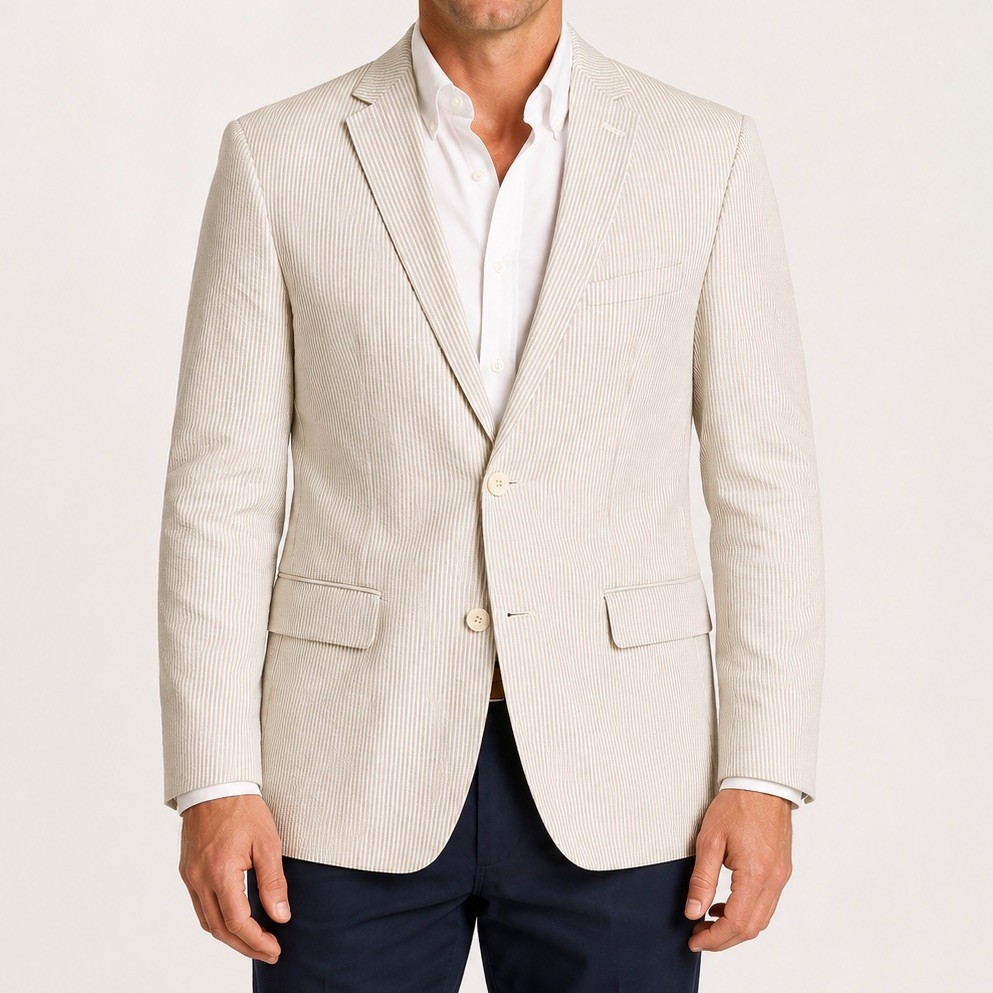 Haspel Aren Seersucker Sport Coat Mens 48 L Beige White Striped Blazer Preppy