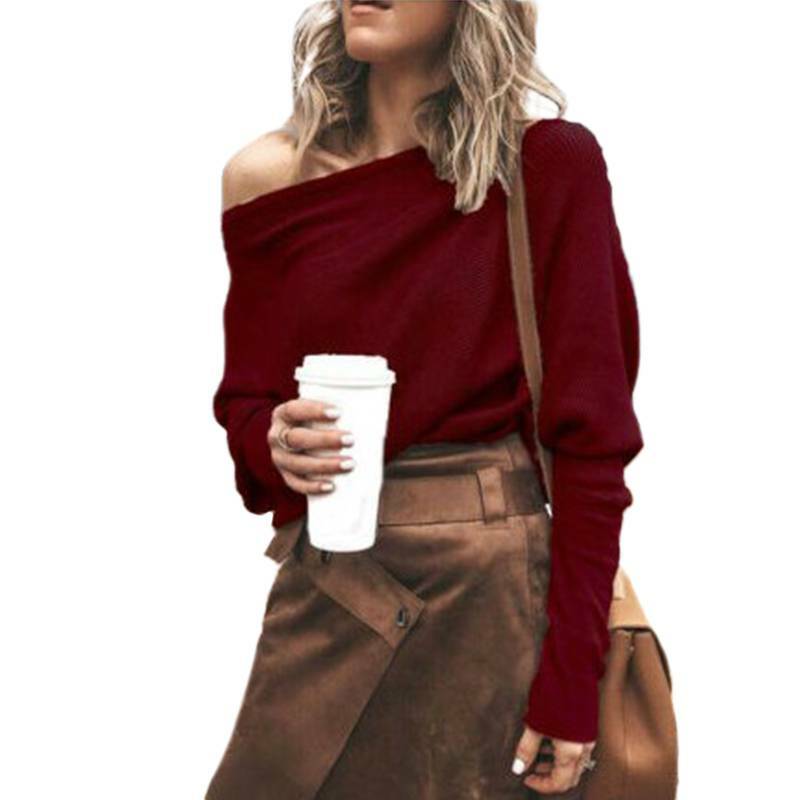 Ladies Off-Shoulder Ribbed Knitted Sweater Long Sleeve Pullover Pullover Top –