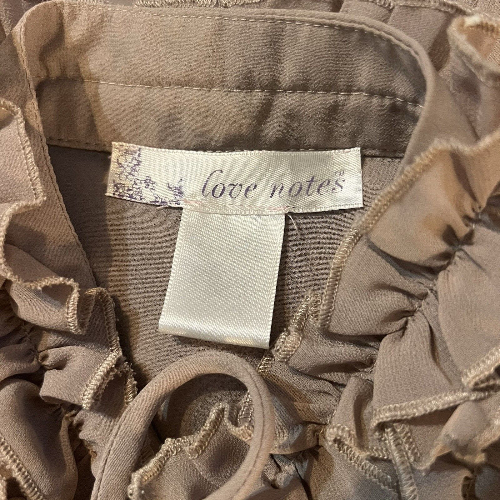 Love Notes Blouse. Sz S. Chiffon Rosey Taupe Color. Ruffled. Tie Neck. B74