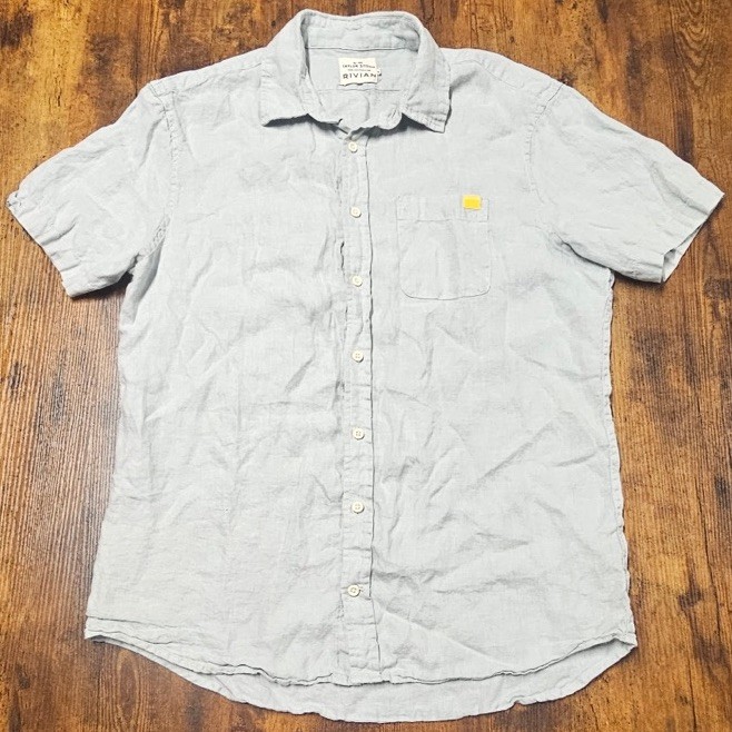 Taylor Stitch X Rivian Men 100% Hemp Short Sleeve Button Down Shirt Blue 44 XL