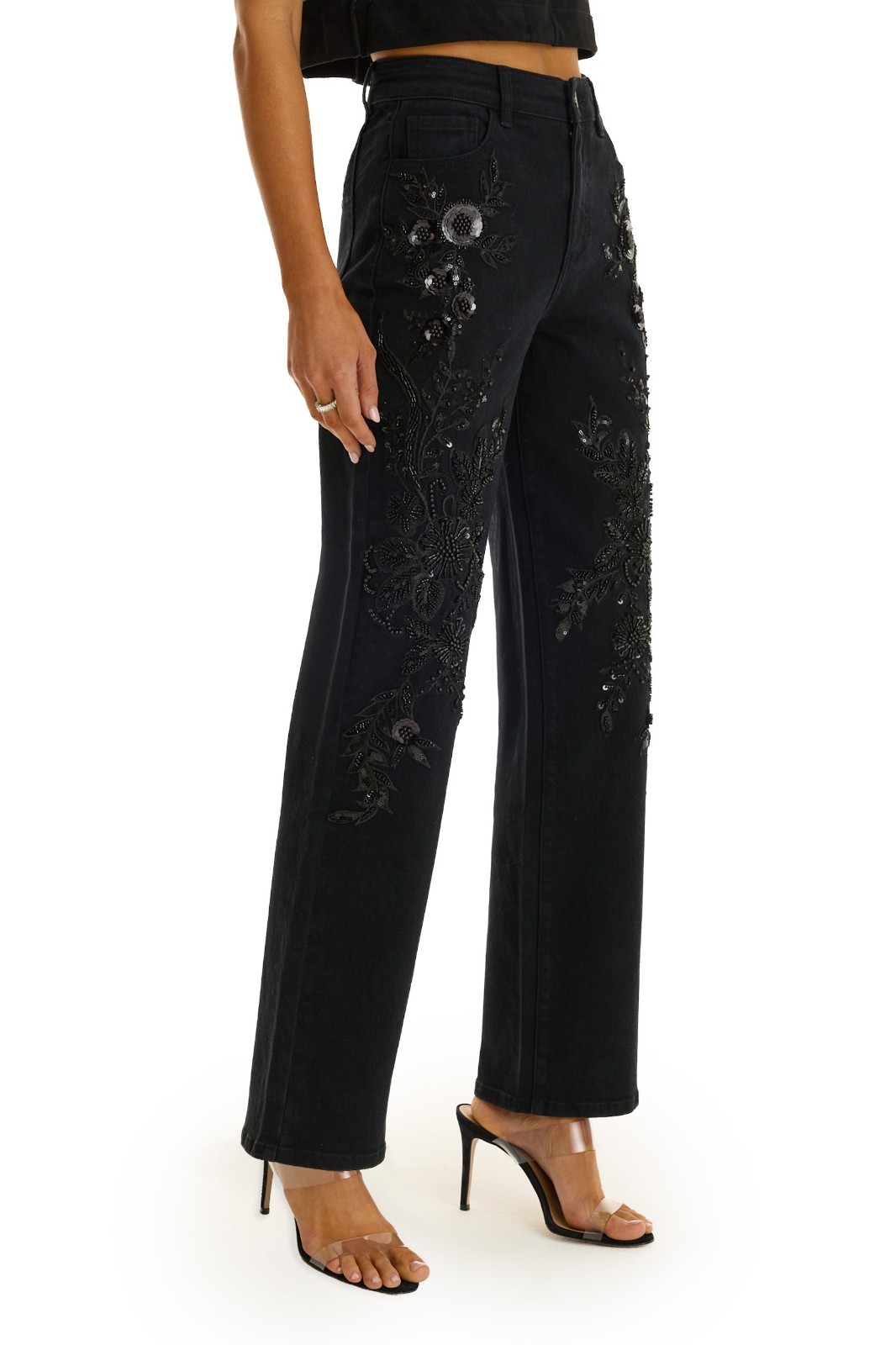 Stassi Floral Sequin Jean Indigo, Black and Pearl, Samples The Noli Shop