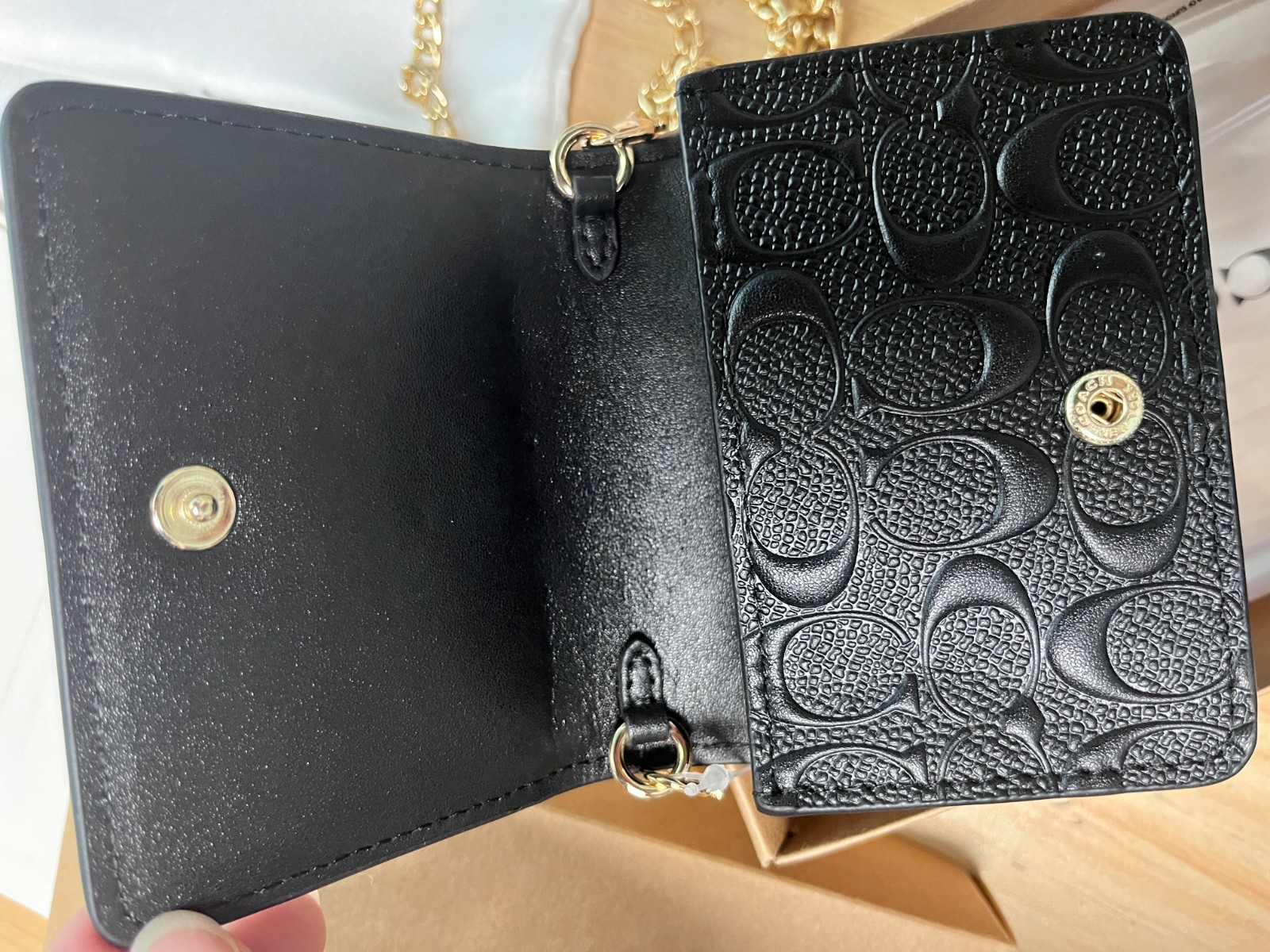 NEW Black COACH C7361 Mini Wallet on a Chain with In Signature Print Relief