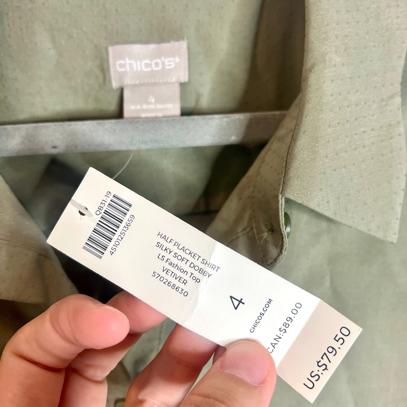 Chico’s Silky Soft Dobby Half-Placket Shirt Modal in Vetiver Button-Up XXL NWT