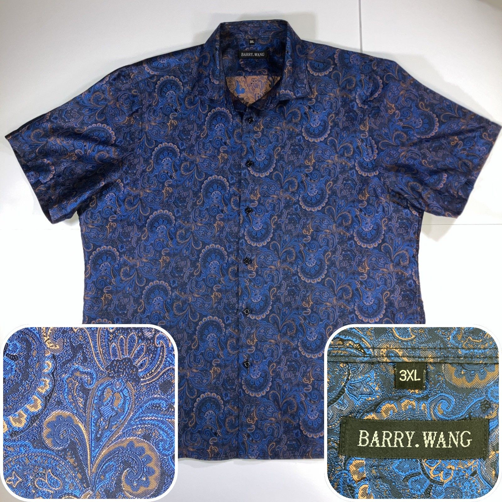 Barry Wang Shirt Mens 3XL Blue Copper Paisley Silk Blend Short Sleeve Button Up