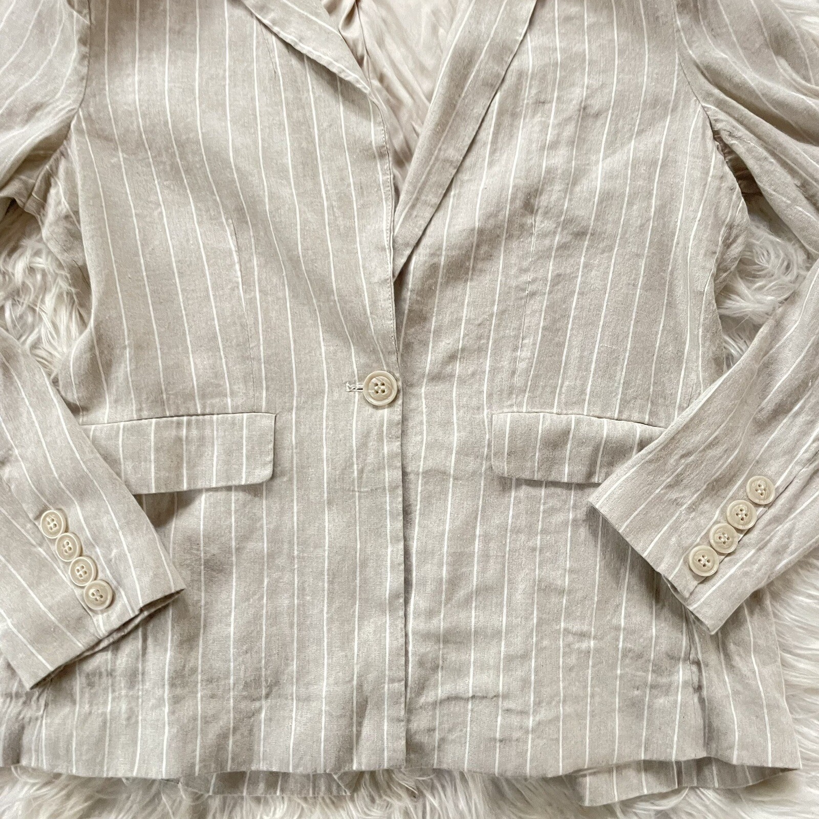 Evereve Clarkson Blazer Womens Large Linen Tan Pinstripe Office Academia Preppy