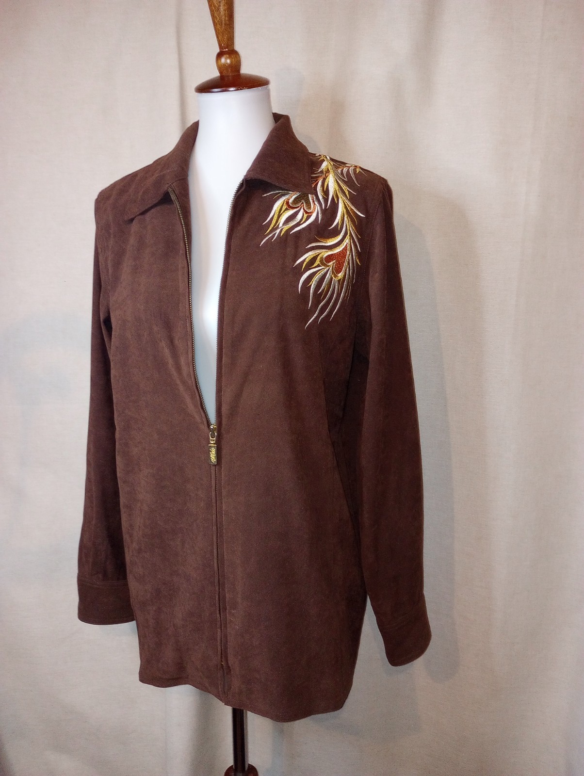 Bob Mackie Vtg Phoenix Wearable Art embroider zip jacket brown faux suede Small