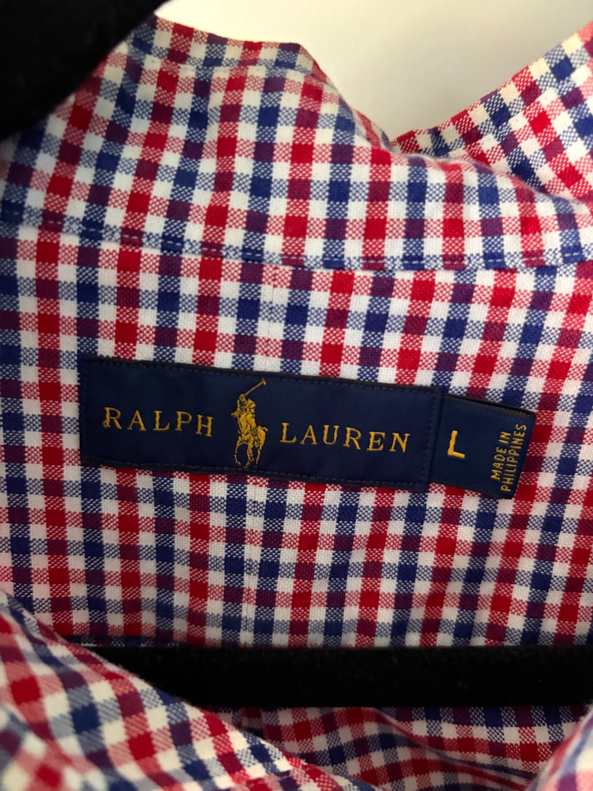 Ralph Lauren Mens Large Red White Blue Gingham Check Button Down Shirt Pony Logo