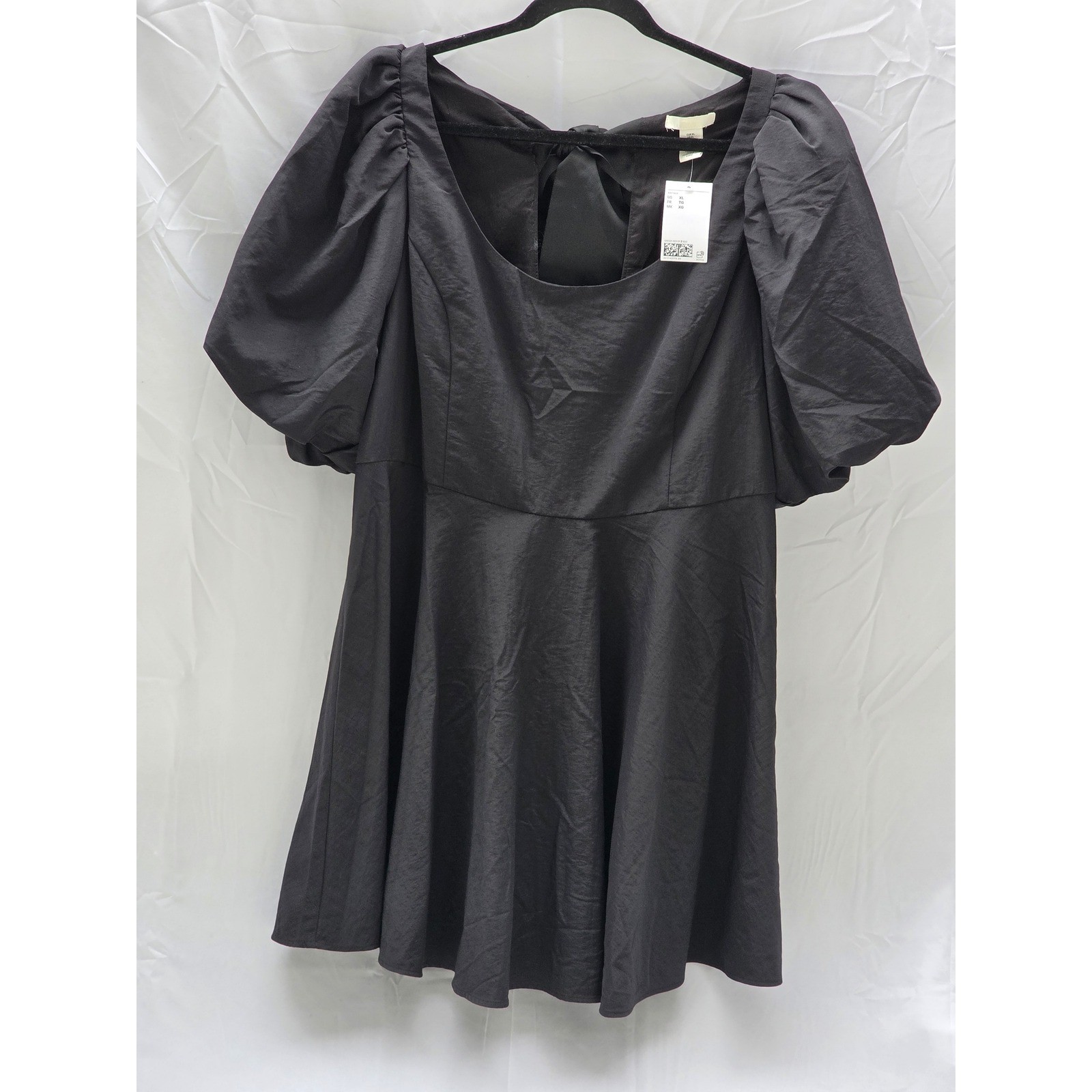 H&M Black Puff Sleeve Mini Dress Open Back Bow Tie XL 13103212 New