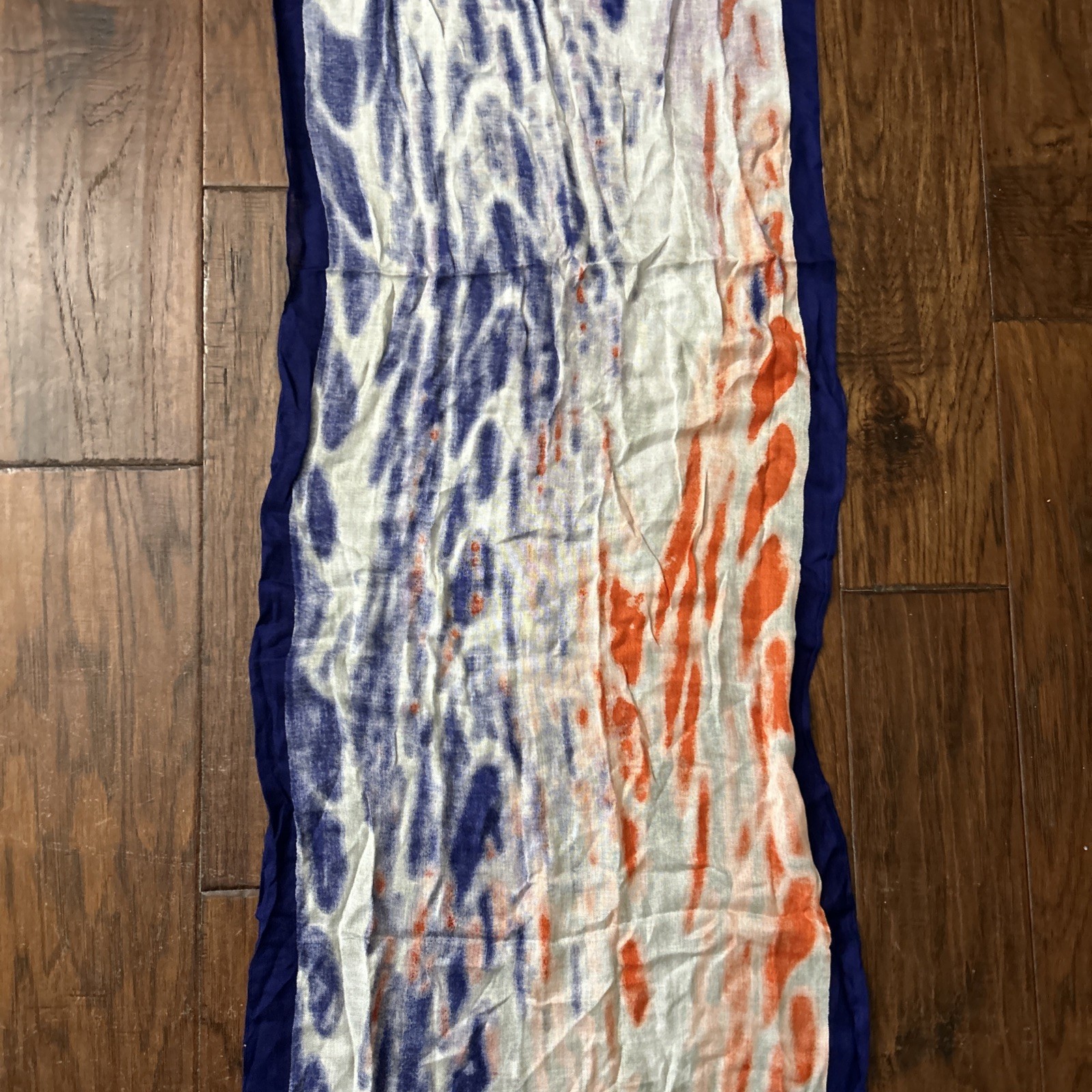 Blue Purple And Red abstract Ty Dye pattern semi-sheer long scarf fringe ends.
