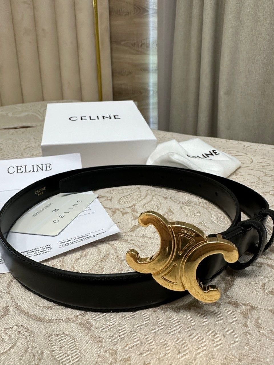 CELINE Triomphe Belt Black Smooth Leather Gold Buckle Logo Box Dustbag Size 85